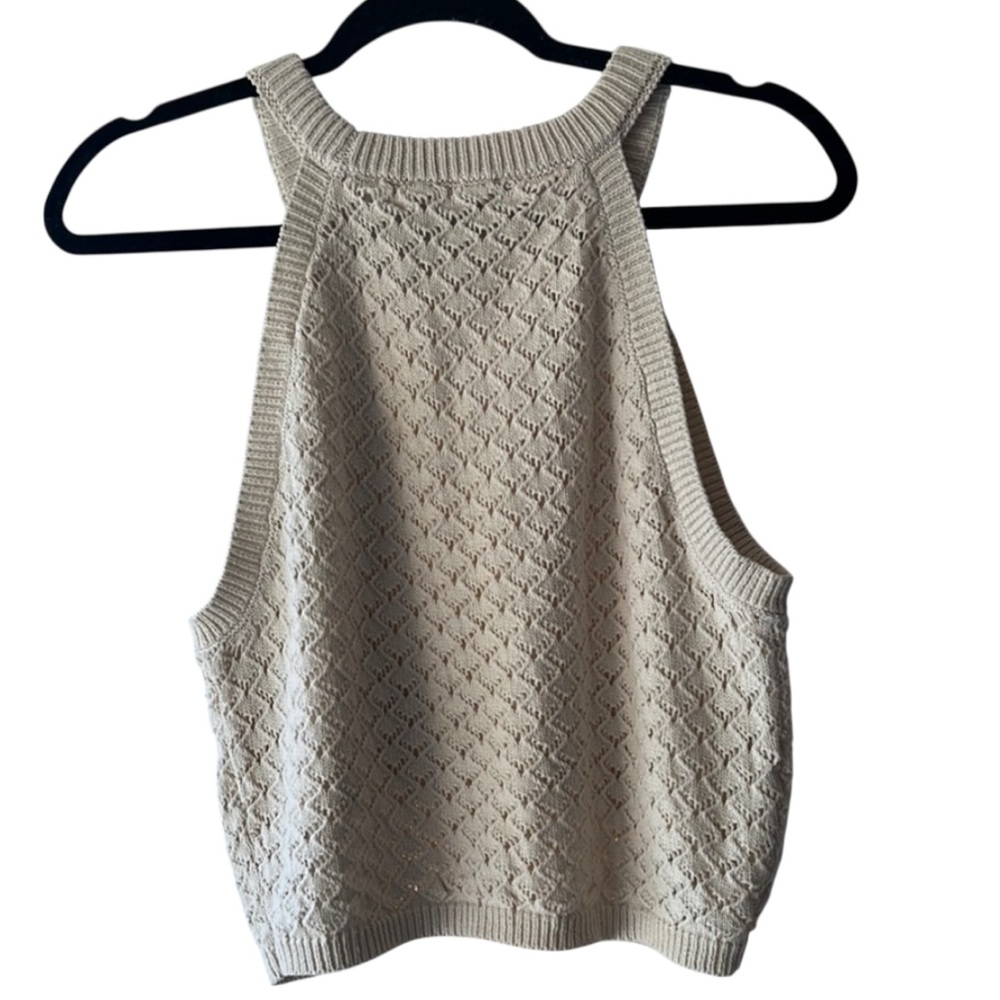Freshman 1996 Retro High Neck Cream Knit Sleeveless Cropped Sweater Top SZ L EUC - Picture 2 of 8